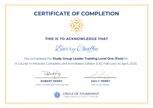 Image of a Course in Miracles Study group leader Certification for Barry Chaffee